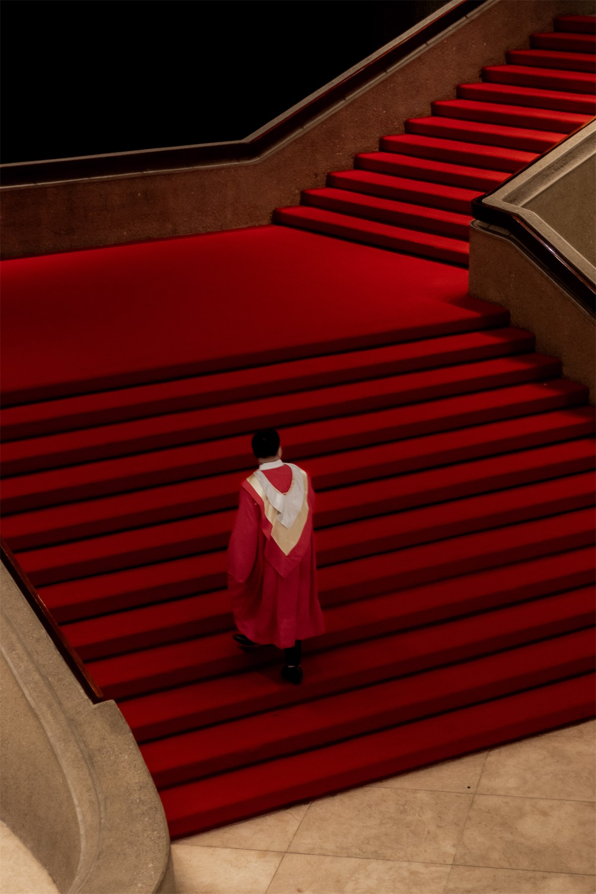 Ronan in his graduation gown on a red staircase.
