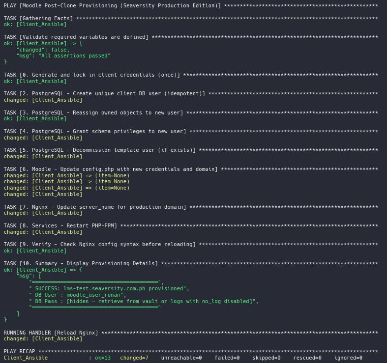 Ansible playbook output showing Moodle post-clone provisioning tasks for PostgreSQL, Moodle configuration, Nginx, and PHP-FPM, ending with zero failed or unreachable tasks.