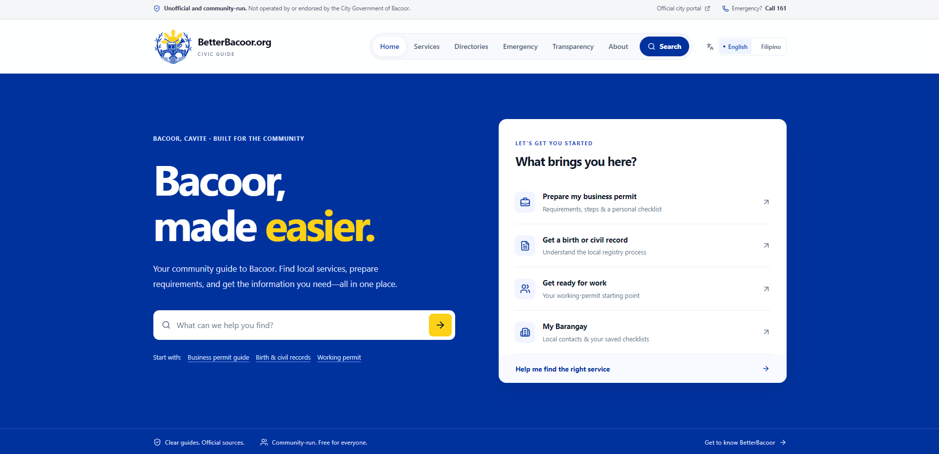 BetterBacoor home page with service search and guides for business permits, civil records, and working permits.